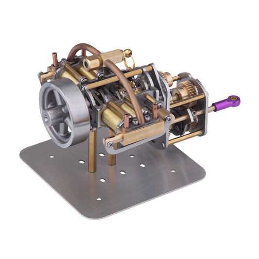 Mini Horizontally Opposed Four-Cylinder Steam Engine Model + Gearbox for Small Steam Model Ship without Boiler